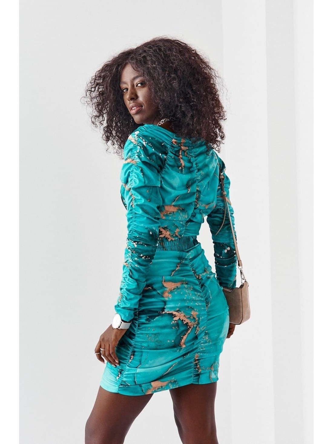 Fitted dress with draping, marble green 12580 - Online store - Boutique